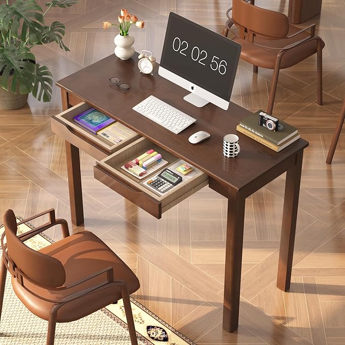 100% Solid Wood Desk with 2 Drawers, 39 x 16 Inch Narrow Mid Century Modern Desk, Vintage Small Wooden Writing Table for Small Spaces Bedroom, Living Room, Office