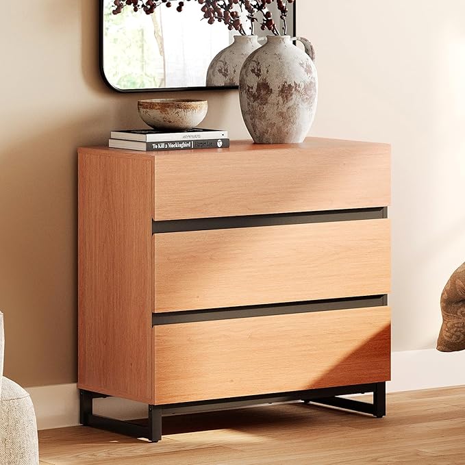 WAMPAT Dresser for Bedroom, Closet Organizers and Storage with 3 Drawers, Chest of Drawers with Metal Base, Modern Wood Dresser for Living Room, Hallway, Entryway, Mocha