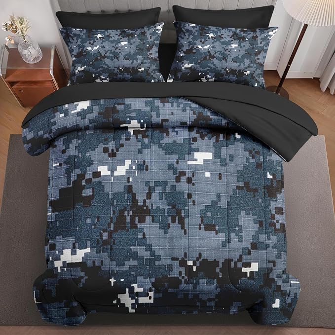 5Pcs Comforter Set Twin Size, Digital Navy Blue Camouflage Camo, Bedding Decor Army Military Brown Gray Seal Us Bedroom Bed Set Flat Sheet Fitted Sheet Pillowcases Shams for Kids Adults