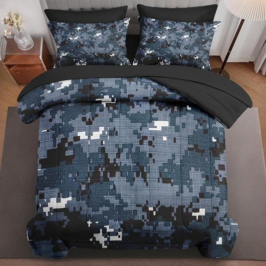 5Pcs Comforter Set Twin Size, Digital Navy Blue Camouflage Camo, Bedding Decor Army Military Brown Gray Seal Us Bedroom Bed Set Flat Sheet Fitted Sheet Pillowcases Shams for Kids Adults