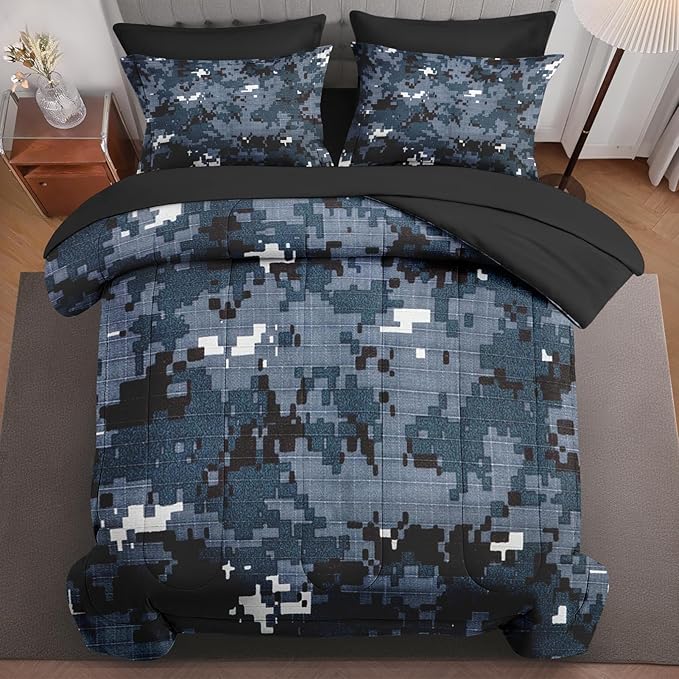 7Pcs Comforter Set Full Size, Digital Navy Blue Camouflage Camo, Bedding Decor Army Military Brown Gray Seal Us Bedroom Bed Set Flat Sheet Fitted Sheet Pillowcases Shams for Kids Adults