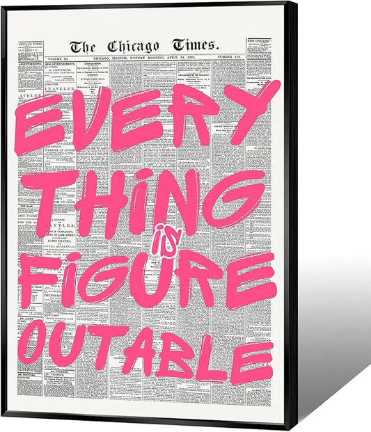 Every Thing Is Figure Outable Wall Art Retro Newspaper Pink Font Canvas Posters Positive Affirming Quote Minimalist Prints Painting For Home Bedroom Dorm Wall Decor Aesthetics 12x16in Wrapped Canvas