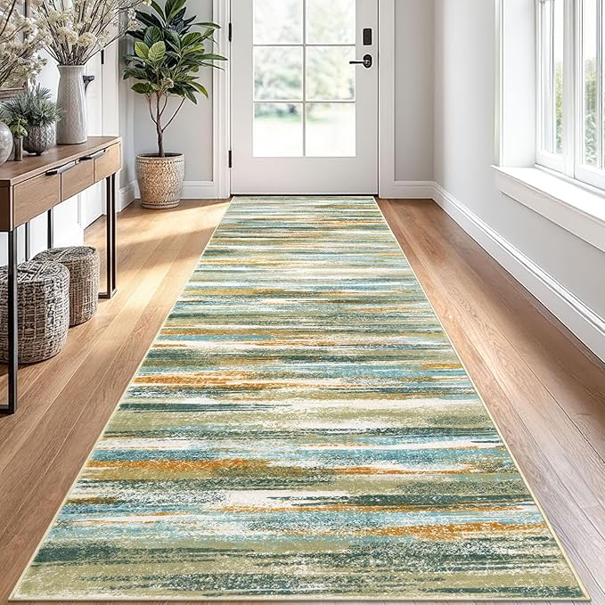 Lansny Modern Abstract Runner Rug 2.6x10, Green Mustard Multi Washable Long Kitchen Runner Non-Slip Soft Hallway Rug Runner Thin Print Faux Wool Carpet for Entryway Bedroom Laundry Room Indoor