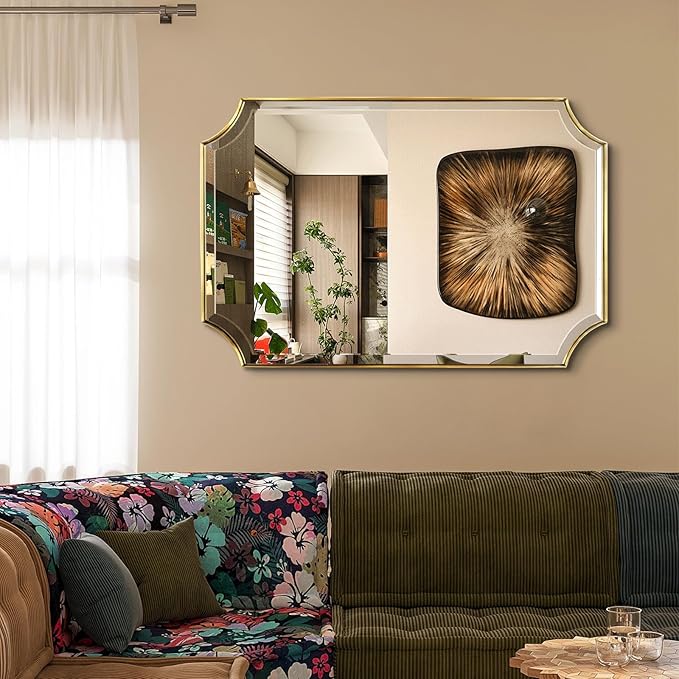 POZINO Beveled Vanity Mirror, 24"x36" Modern Bathroom Mirrors Over Sink, Rounded Rectangle Mirrors with Stainless Steel Frame, Brushed Brass Wall Mirrors for Bedroom Living Room Fireplace Entryway