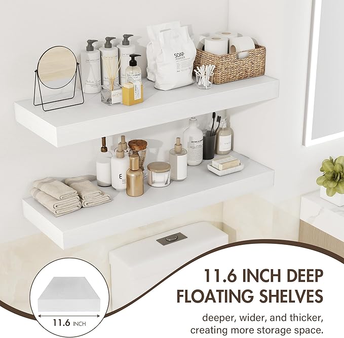 55 Inch Floating Shelves, 12" Deep Floating Shelf Wall Mounted, 55" Wall Shelves, Rustic Deep Bookshelf, Extra Deeper & Thicker Display Shelves for Bedroom, Living Room, White, Set of 2