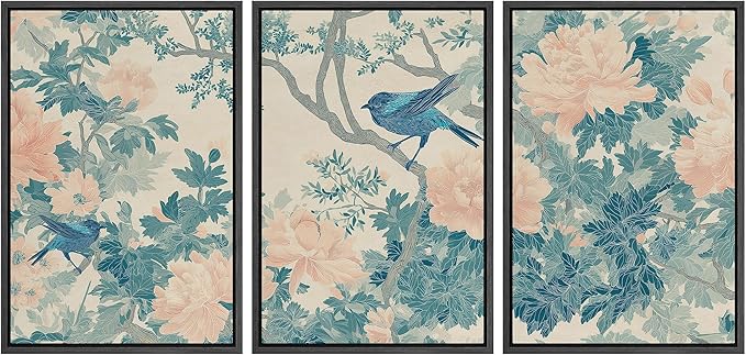 wall26 Framed Print Wall Art Set Elegant Blue Bird and Peony Floral Pattern Decorative Minimal Relax/Zen for Living Room, Bedroom, Office - 24"x36"x3 BLACK