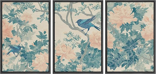 wall26 Framed Print Wall Art Set Elegant Blue Bird and Peony Floral Pattern Decorative Minimal Relax/Zen for Living Room, Bedroom, Office - 16"x24"x3 Black