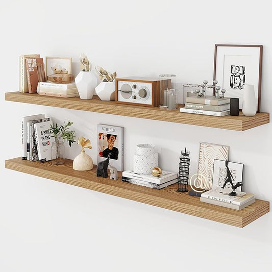 55 Inch Floating Shelves, 9.3" Deep Floating Shelf Wall Mounted, 56" Wall Shelves, Rustic Deep Bookshelf, Large Display Shelves & Storage Shelves for Bedroom, Living Room, Light Brown, Set of 2