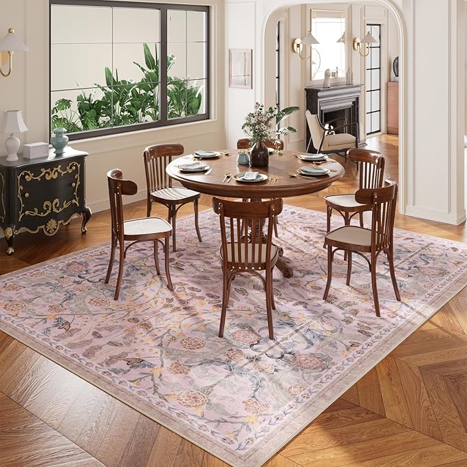 AMTOVO 6x9 Washable Area Rugs for Living Room, Non-Slip Colorful Floral rug, Soft Boho Vintage Accent Printed Pattern Carpet for Bedroom Girls Room Dorm Dining Room Farmhouse Nursery Home Office, Pink