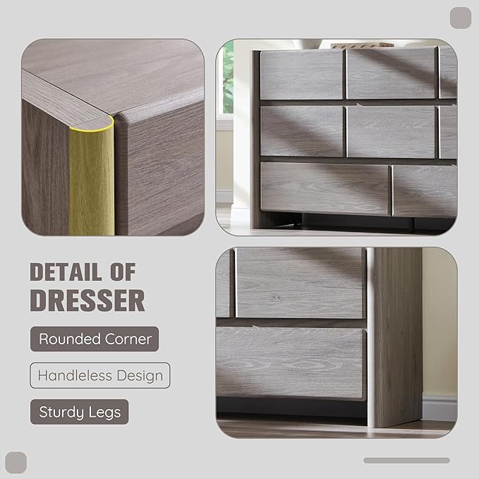 Modern 8 Drawers Dresser for Bedroom, 55" Wide Dresser w/Large Storage & Rounded Corner, Wood Handleless Chests of Drawers w/Natural Texture for Bedroom, Hallway, Living Room-Light Grey