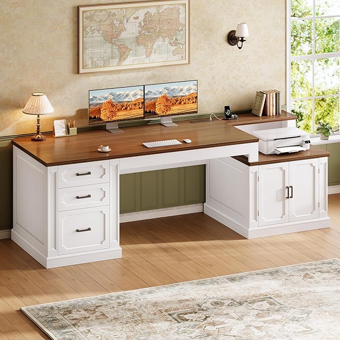 SEDETA Farmhouse 70.9" Executive Desk, Home Office Desk with File Drawers and Storage Cabinet, Computer Desk with Power Outlet for Home Office, Work Study Writing, White+Brown