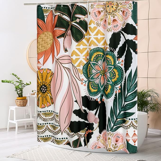MitoVilla Floral Small Stall Shower Curtain 36 x 72, Boho Flower Narrow Half Size Chic Shower Curtains for Modern Bathroom Decor, Tropical Leaves Vintage Shower Curtain 36 inch