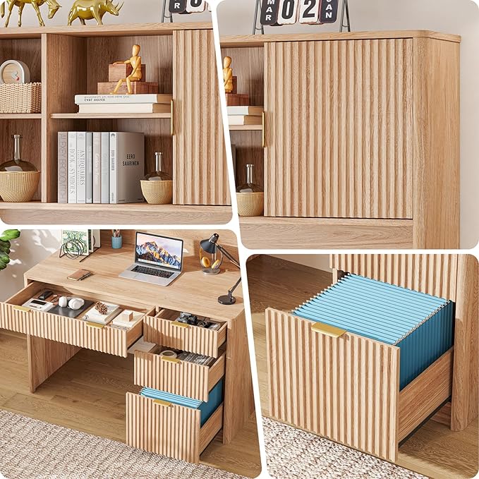 Vabches 67" H Executive Desk with Fluted Drawers,4 Drawers Fluted Computer Desk,Wood Workstation with Hutch and Barn Doors for Work and Study,Oak