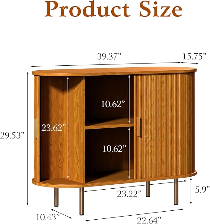 DHH Sideboard Buffet Cabinet with Storage,Mid Century Modern Fluted Accent Coffee Bar Console Table,Tambour Sliding Doors& Adjustable Shelf for Kitchen, Living Room, Entryway (Yellow walnut40 Inch)