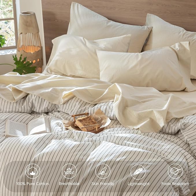 MooMee Bedding Sheet Set 6Pcs 100% Washed Cotton Linen Like Textured Breathable Durable Soft Comfy (Heathered Almond Milk Grey, Queen)