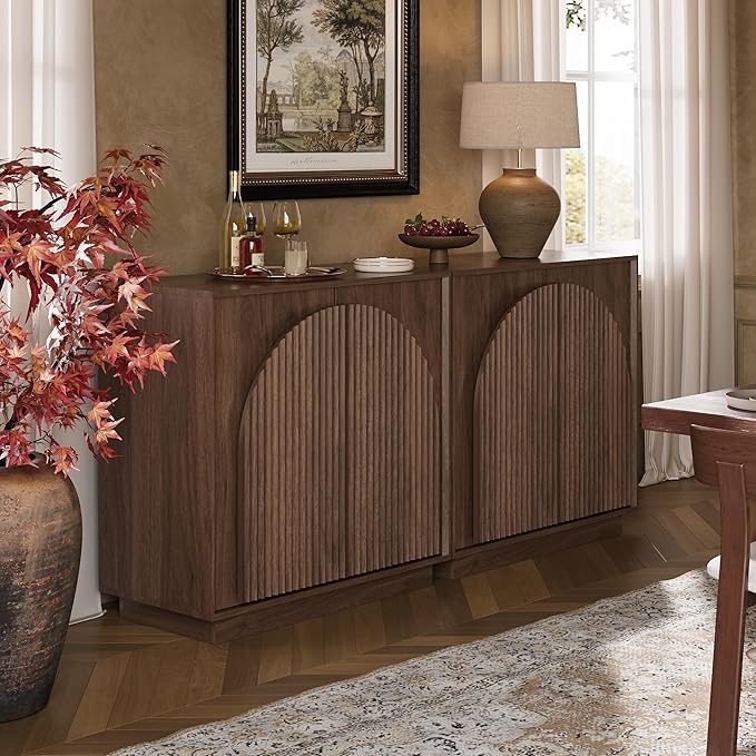 WIN2WIN Fluted Sideboard Buffet Cabinet with Storage, 31.5" Mid Century Modern Accent Cabinet with Double-Layered Arch Door, Small Wood Console Credenza for Dining Living Room Entryway Hallway, Walnut