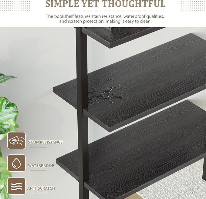 Furmax 5-Tier Bookshelf, Wall Mount Ladder Shelf with Wood Board and Industrial Metal Frame, for Home Office, Living Room, Bedroom, Entryway and Hallway, (2, Black)