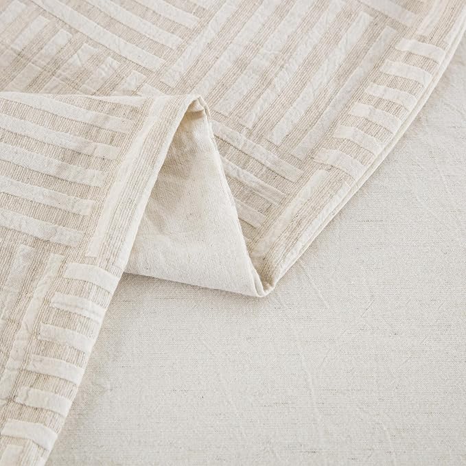 Beige Gingham Cotton Linen Duvet Cover Queen Size, Soft Lightweight Bedding Set for Hot Sleepers -1 Neutral Duvet Cover 90x90 Inches with Zipper Closure, 2 Pillowcases