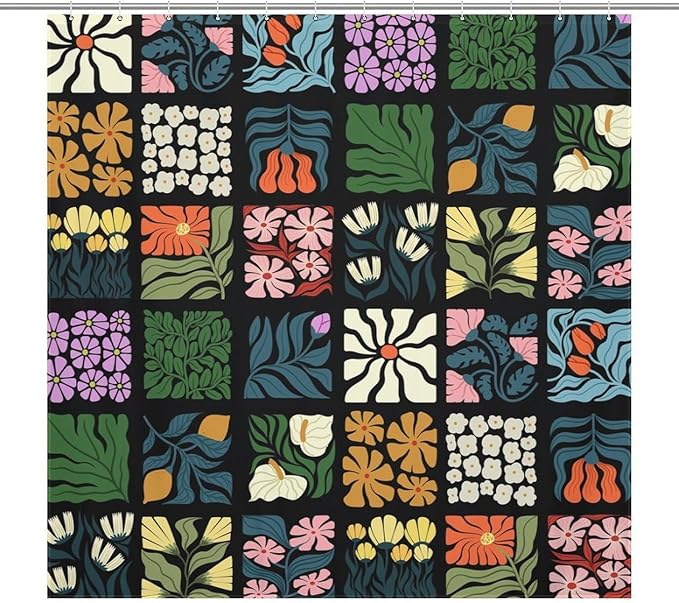 Vintage Floral Plant Lattice Shower Curtains Colorful Spring Flower Farmhouse Mid Century Cafe Washable Waterproof Fabric for Bathroom Decor Bathtub with 12 Hooks 72x72in (183x183cm)