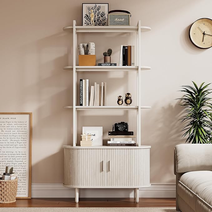4 Tier Tall Bookshelf with Cabinet, Fluted Bookcase with Sliding Door, Metal and Wood Display Shelf, Free Standing Storage Shelving Unit, Corner Storage Organizer for Living Room, Home Office, White