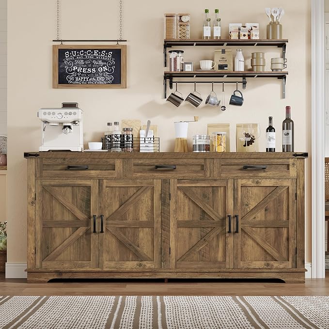 usikey 61" Large Buffet Cabinet with 4 Doors and 3 Drawers, Farmhouse Buffet Sideboard Cabinet with Storage, Coffee Bar Wine Bar for Living Room, Honey Brown