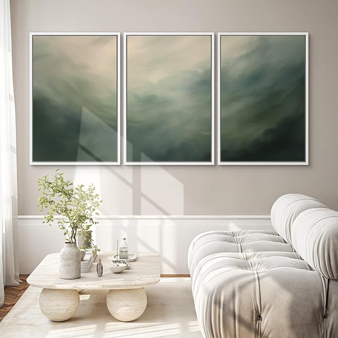 SIGNWIN Framed Canvas Print Wall Art Set Green Abstract Cloudy Landscape Illustrations Modern Art Decorative Boho Relax/Zen Nordic for Living Room, Bedroom, Office - 16"x24"x3 White