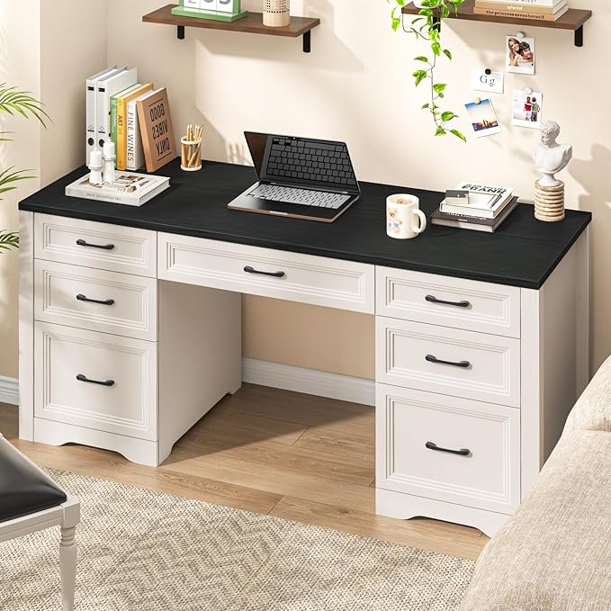Vabches Farmhouse Executive Desk, Wood Home Office Desk with 2 Large File Drawers and 5 Storage Cabinets, Rustic Writing Desk for Work and Study, Black