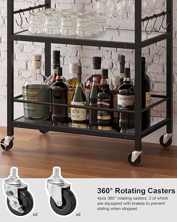 TUTOTAK Bar Cart, Home Bar Serving Cart with 3-Tier Mirrored Shelf, Drink Cart, Mobile Kitchen Shelf with Wine Rack, Rolling Beverage Cart, Black BC01BK033