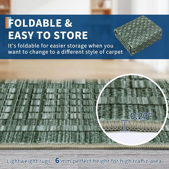 Washable Rug 5x7 Area Rug for Living Room Bedroom Rug Modern Contemporary Large Area Rug Non Slip Throw Rugs Soft Faux Wool Low Pile Stain Resistant Carpet for Dining Room 5'x7' Green