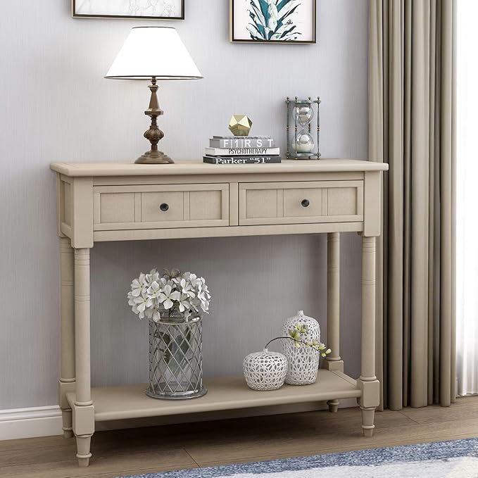 35.43” Entry Console Table with Drawers & Bottom Open Shelf, Solid Wood Sofa Couch Table for Entryway Living Room, Save Space, Retro Grey