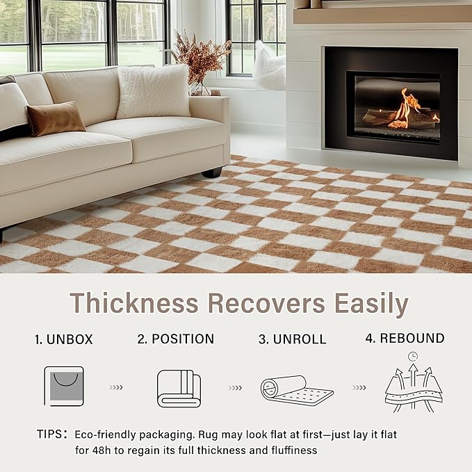 Checkered Rug 4x4 for Living Room, Beige and White Modern Shag Rug Super Soft Washable Indoor Fuzzy Carpet Non-Slip Fluffy Rugs for Bedroom Home Aesthetic Decor