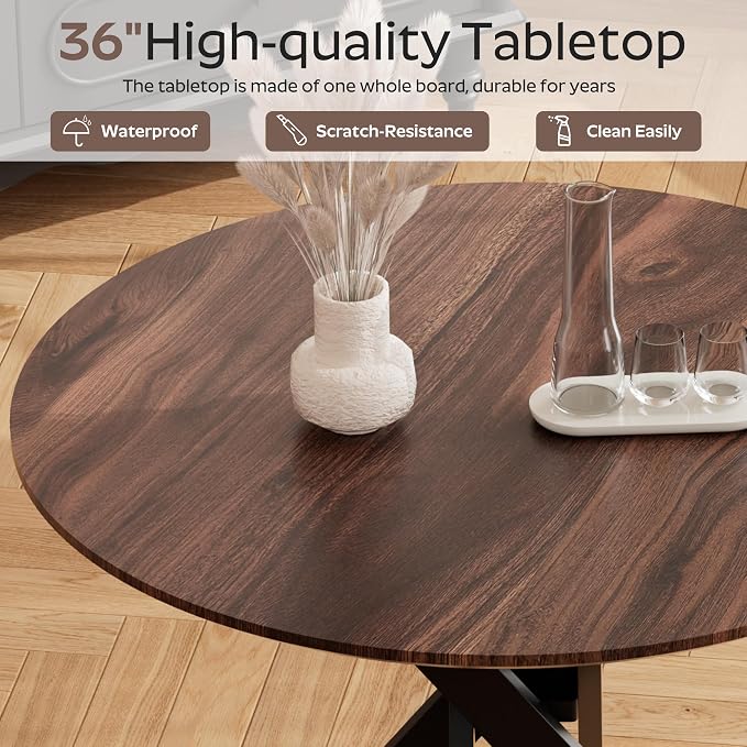 RGZ Mid Century Walnut Round Dining Table Set for 2, 36" Small Wooden Circle Kitchen Table & 2 Light Gray PU Leather Kitchen Chairs, Dinner Table Set for Home, Apartment, Dining Room