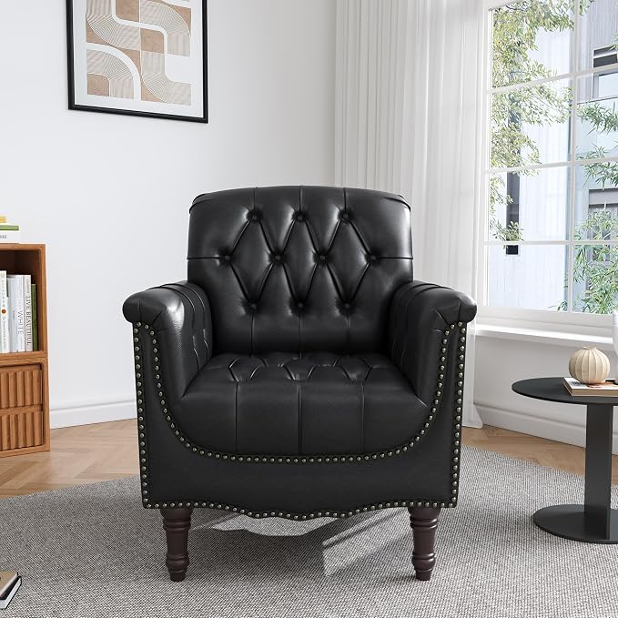 Faux Leather Accent Chair for Living Room, Tufted Arm Chair Retro Upholstered Club Armchair with Solid Wood Legs, Black Blue