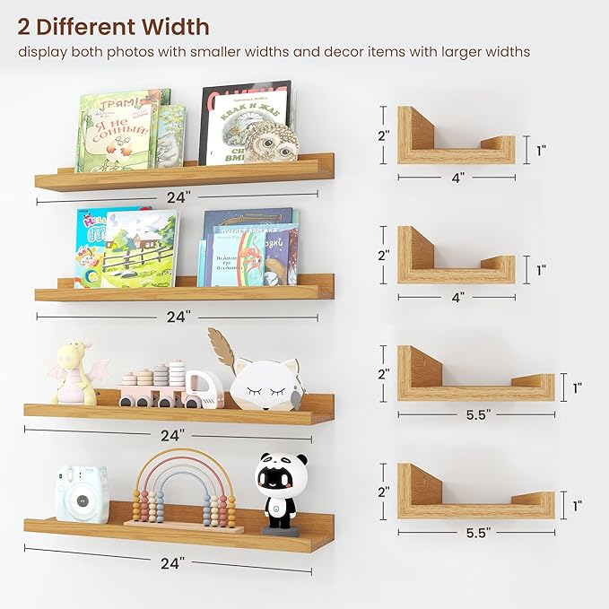 Axeman Picture Ledge Shelf | 24 Inch Oak Floating Shelves Set of 4 | Rustic Wood Wall Shelves with Lip | 24" Oak Picture Shelves for Wall with Ledge | Photo Shelves
