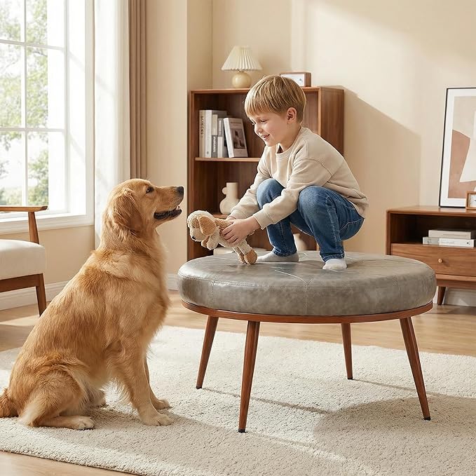 Elegant Round Ottoman Coffee Table - PU Leather Fabric, Metal Frame, Thick Cushioned Tabletop for Living Room, Therapy Room, or Style Lovers - Perfect as Coffee Table, Footstool, or Chair-Grey