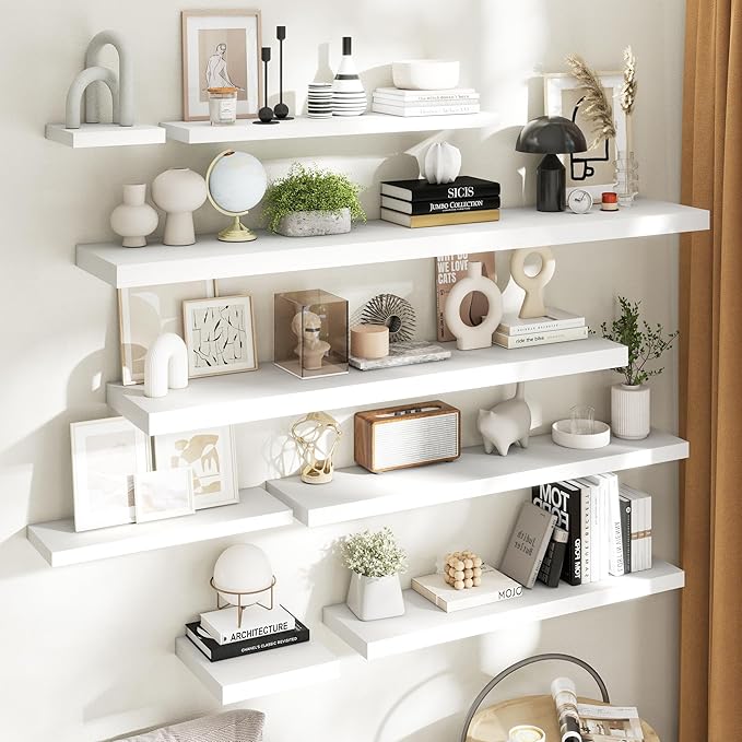 Floating Shelves for Wall with Invisible Brackets, Wall Mounted Engineered Wood Shelves with Wood Grain for Living Room, Bedroom, Bathroom, Kitchen Decor and Storage, Oak, 48"L Set of 2, White