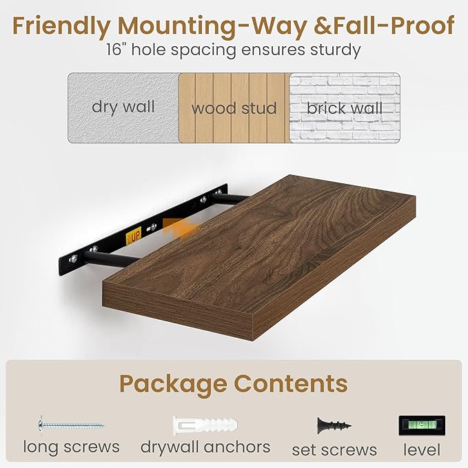 Fun Memories 48 Inch Floating Shelves, 9.3 Inch Deep Wall Shelves for Bathroom, Living Room, Bedroom, Kitchen, Deep Long Shelf Wall Mounted 2 Pack Shelf for Books, Decor, Walnut