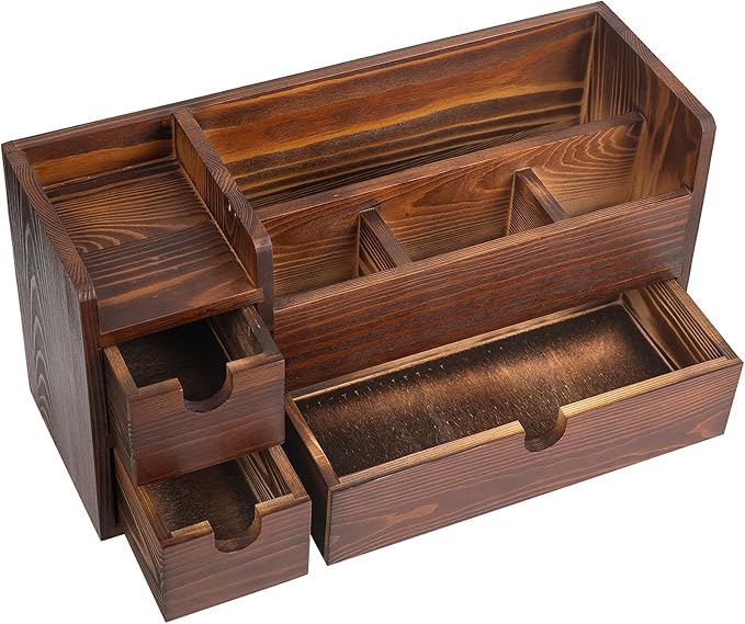 Rustic Brown Wooden Desktop Organizer Drawers Removable Office Supplies Torched Wood Storage Cabinet Caddy Box Stationery Pencil Slots Mail Holder Notes Accessories Home Makeup Tools Cosmetics