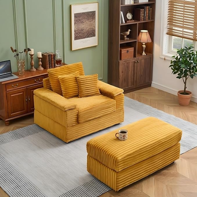 Eafurn 43.3" Oversized Accent Chaise Lounge Chair with Ottoman, Modern Corduroy Upholstered Convertible Recliner Armchair Sleeper Lounge Chair with Wood Frame for Living Room Apartment