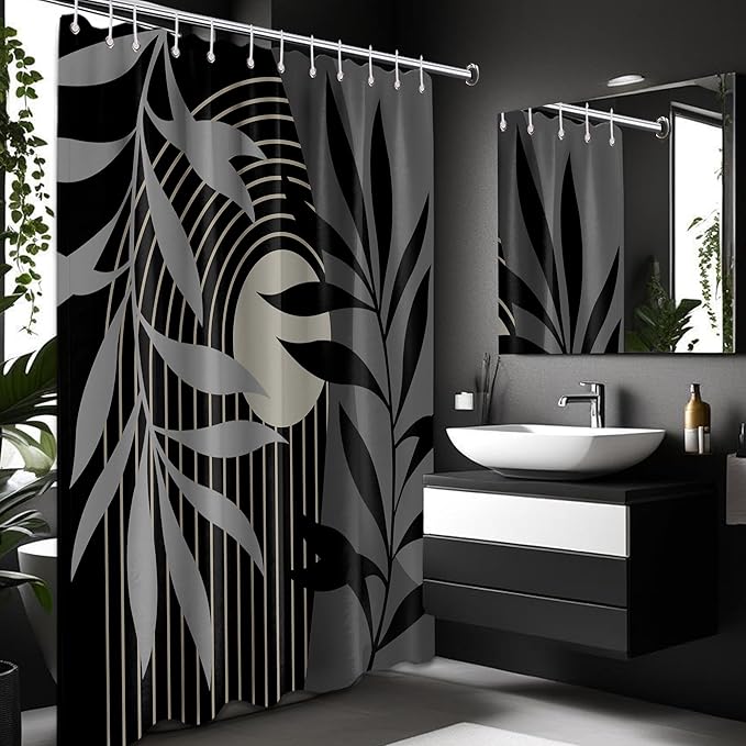 Boho Black and Grey Shower Curtain, Mid Century Modern Black and Gray Shower Curtains for Bathroom, Waterproof Fabric Set with Hooks, (70" W X 96" L)