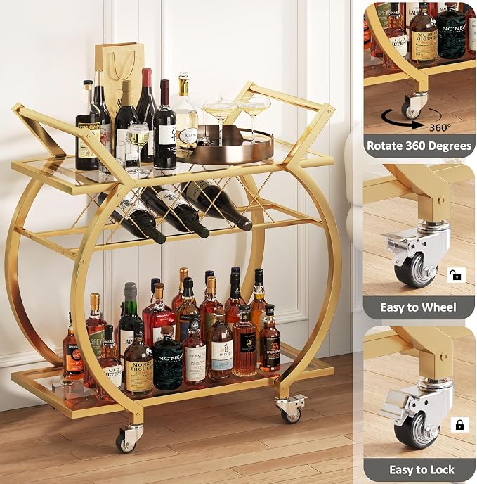 LVB Gold Bar Cart with Glass, Bar Cart with Wheels, Wine Cart with 2 Tier Storage Glass Shelves Home Bar Serving Cart with Wine Rack, Liquor Cart for Kitchen, Bar, Dinning Room