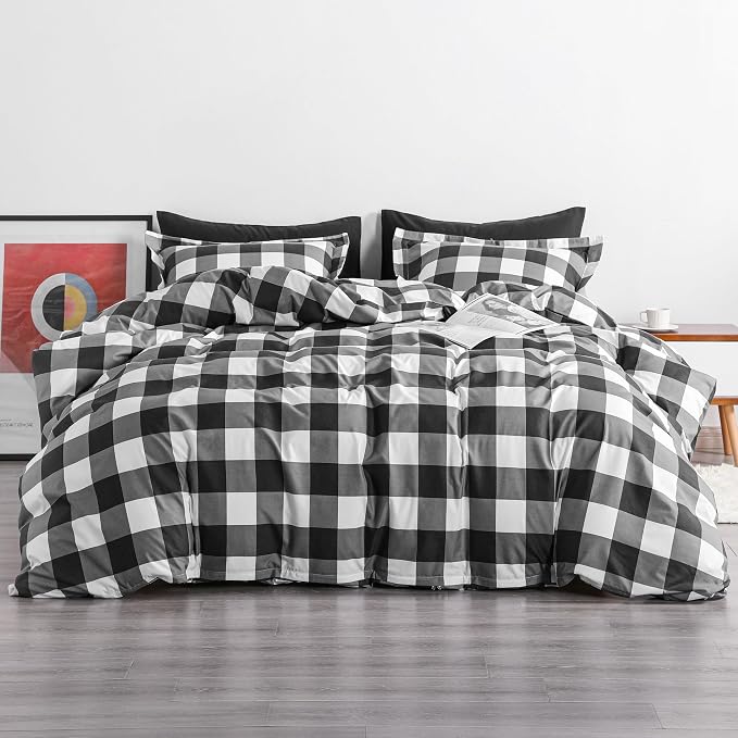 NTBAY Microfiber Queen Duvet Cover Set, 3 Pieces Ultra Soft Buffalo Check Printed Comforter Cover Set with Zipper Closure and Corner Ties, Black and White