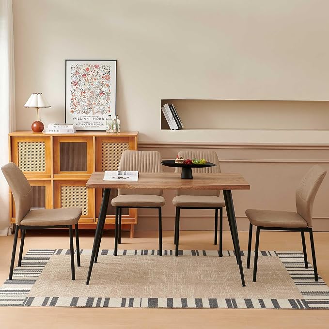 Dining Table Set for 4, Modern Wood Irregular Rectangle Dining Table,Leather Dining Chairs 4,Table and Chairs Set of 4 for Kitchen Dining Room, Beige