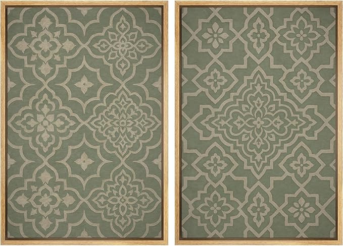 IDEA4WALL Framed Canvas Print Wall Art Set Moroccan Tile Pattern Green and Beige Geometric Illustrations Modern Art Decorative Bohemian Calm/Zen for Living Room, Bedroom, Office - 16"x24"x2 Natural