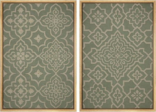 IDEA4WALL Framed Canvas Print Wall Art Set Moroccan Tile Pattern Green and Beige Geometric Illustrations Modern Art Decorative Bohemian Calm/Zen for Living Room, Bedroom, Office - 16"x24"x2 Natural