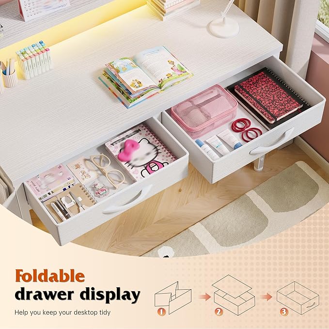 DurayLoly 32" Computer Desk with 2Drawers and Side Pocket for Teenagers,Office Desk with Monitor Stand and LED Lights, Study Writing Table with Anti-Tip Design for Small Spaces,Glacier White