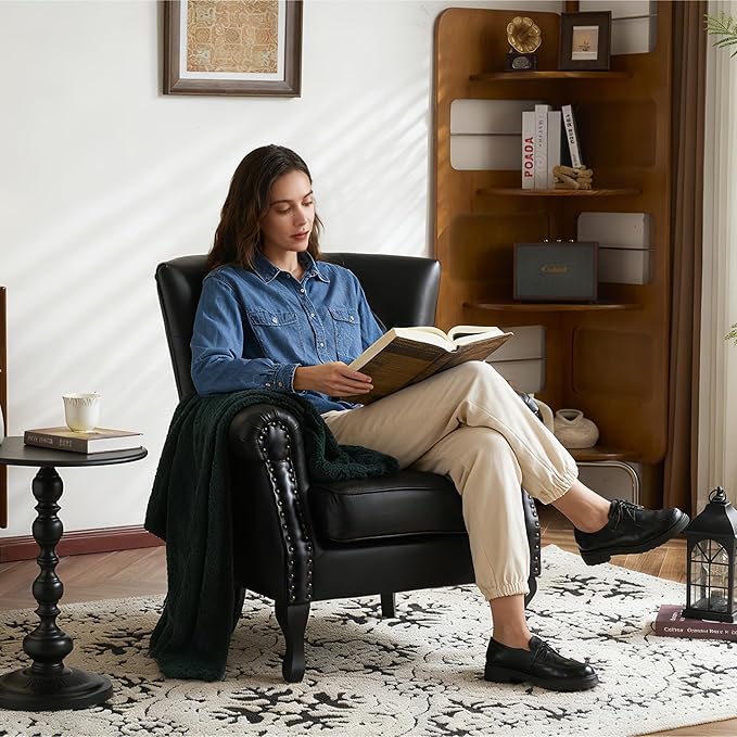 Modern Accent Chair Set of 2, Mid-Century PU Leather Armchair with Solid Wood Legs, Single Sofa Chair for Living Room, Bedroom, Leisure Room, or Reading Room(Black)
