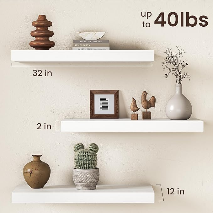 32Inch White Floating Shelves for Wall, 12 Inch Deep Shelves for Bedroom, Kitchen, Bathroom Wall Mounted, Rustic Wood Floating Shelf with Invisible Brackets for Books, Storage, Decor, 2 Packs