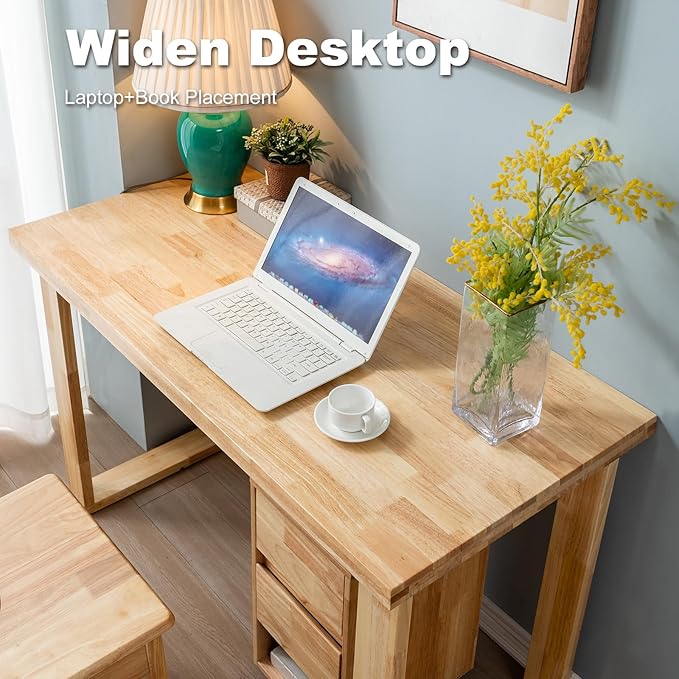 Solid Wood Desk, Wooden Computer Desk for Home Office, Gaming Study Desk for Small Spaces, Writing Work Desk for Bedroom,Easy Assembly (Wood Color 47inch)