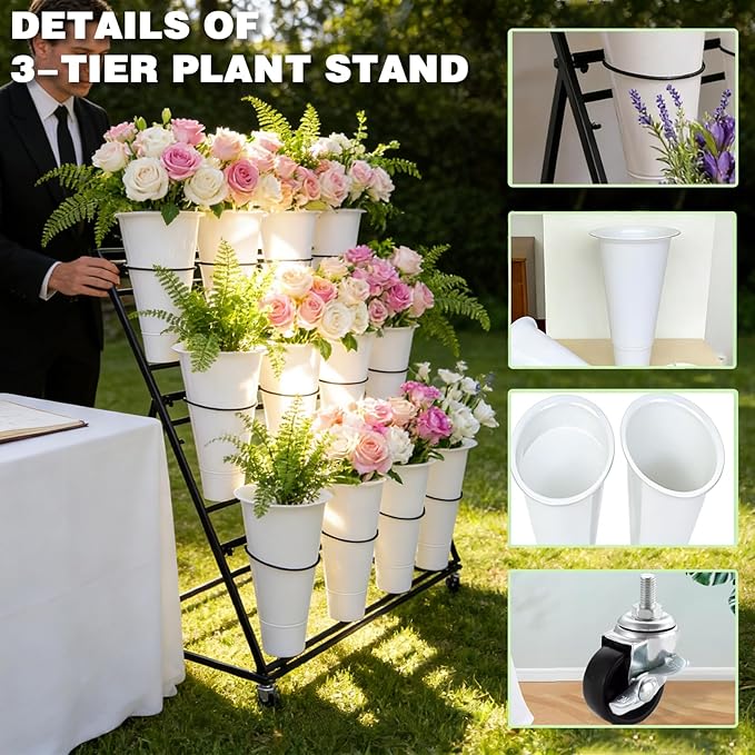 3-Tier Flower Display Stand with 12 Buckets, Heavy Duty Metal Flower Plant Cart with Wheels, Indoor Large Capacity Flower Bar Florist bucket Rack, Moving Florist Bouquet Shelf for Wedding Garden (B, 39.6*23.7*40.6in)